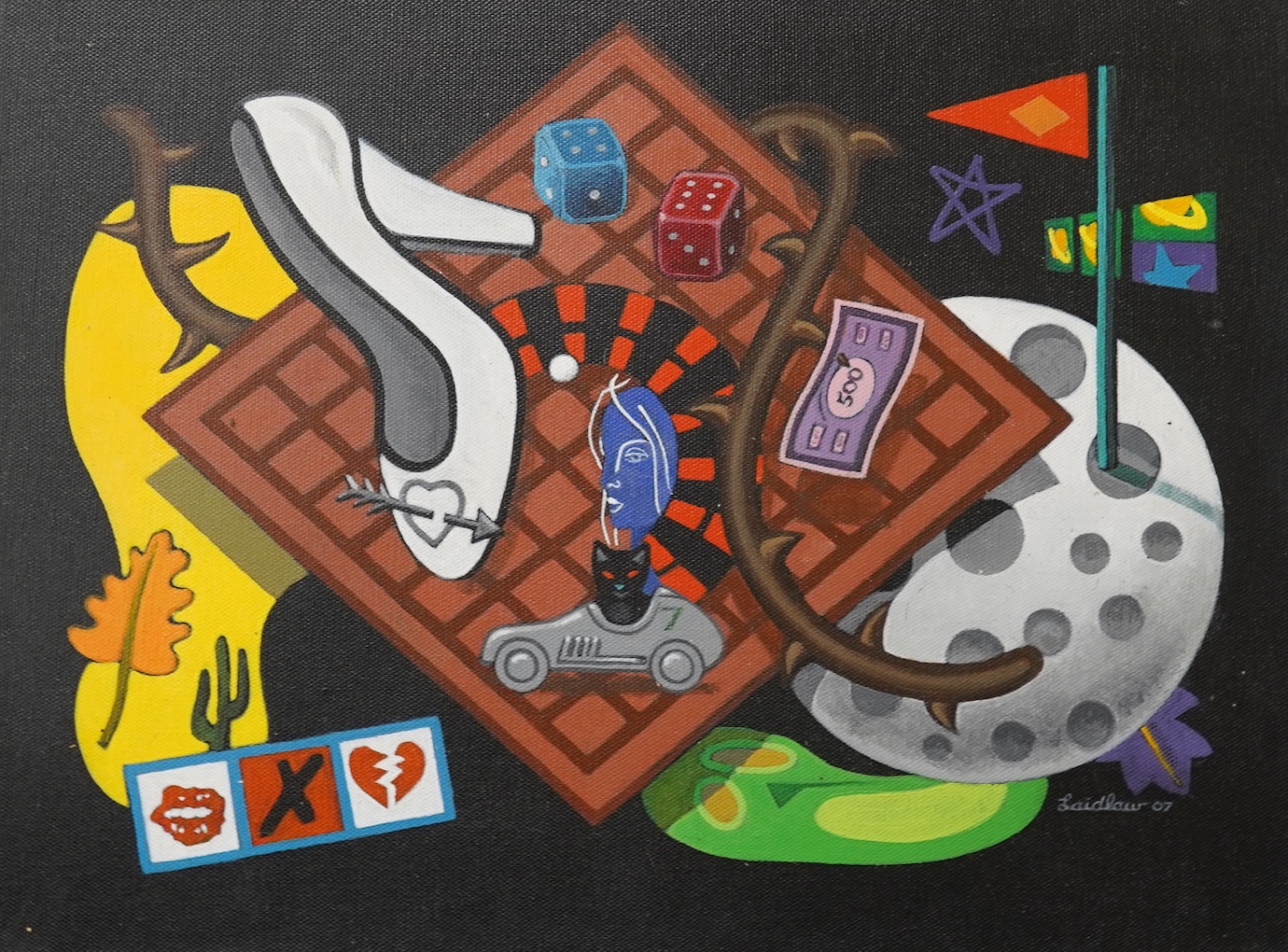 Ken Laidlaw (b.1945), Surreal compositions, Shoes, umbrella and playing cards, each signed and dated ‘07, three oils on canvas, 41 x 30cm